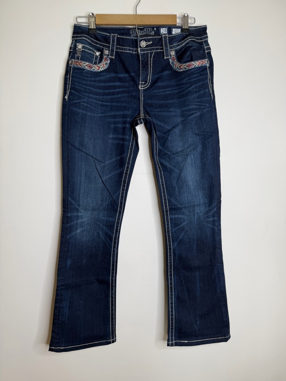 Miss Me Dark Blue Boot Cut Jeans with Embroidered Pockets